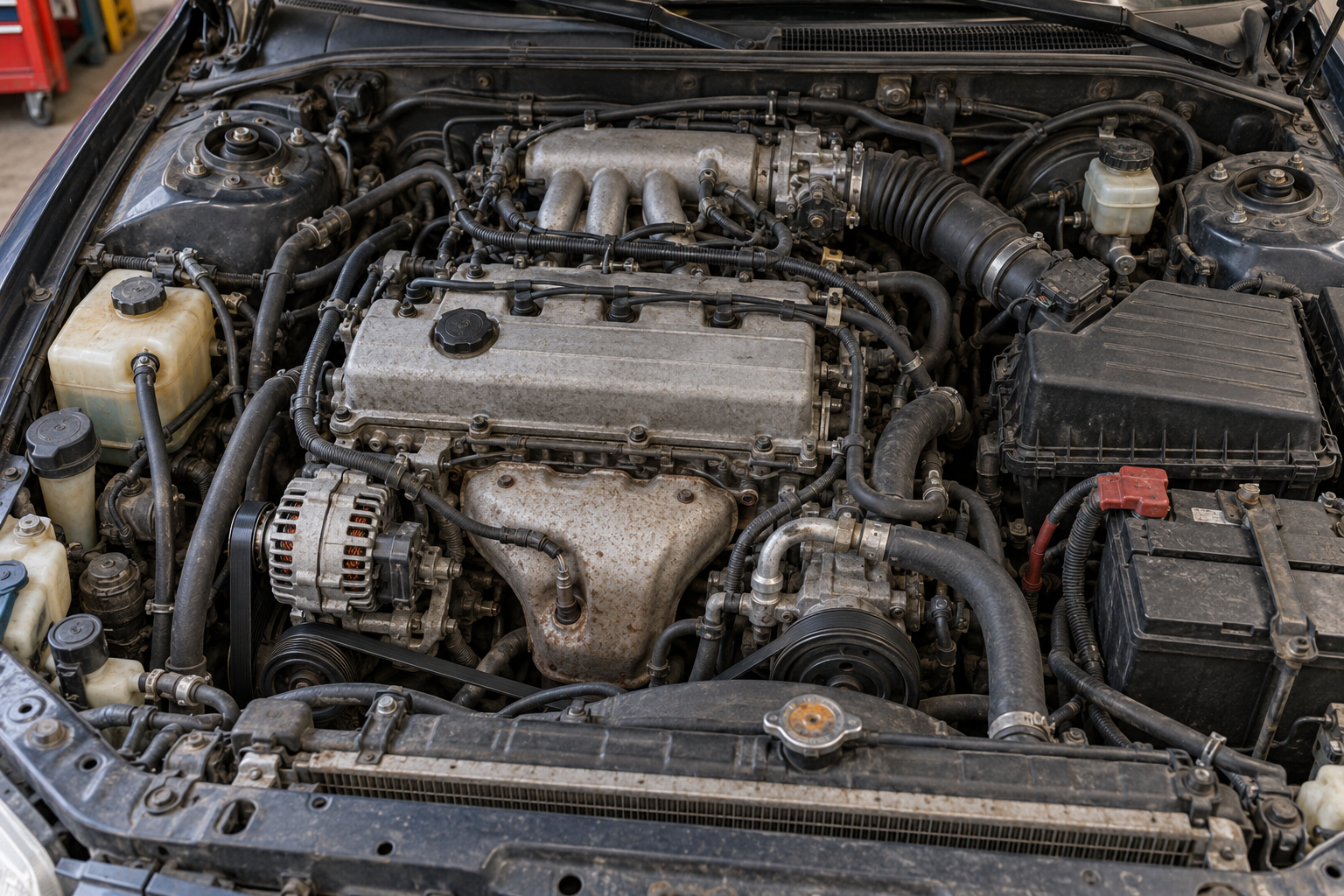 A detailed engine bay with connected components, belts and hoses